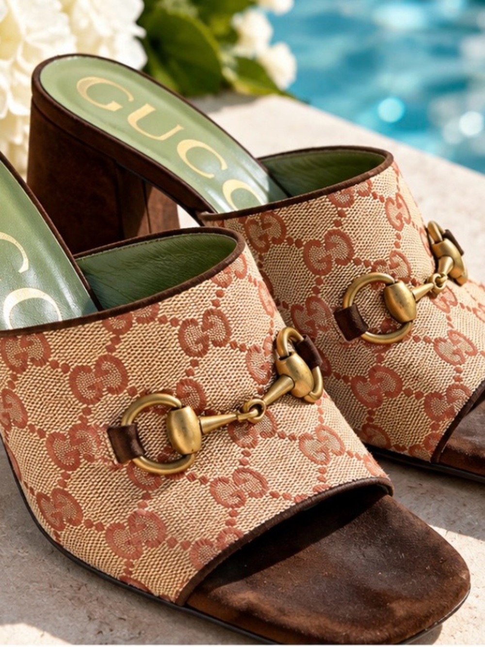Gucci GG Monogram Horsebit Canvas & Suede Mule Sandals – Brown/Beige size 39